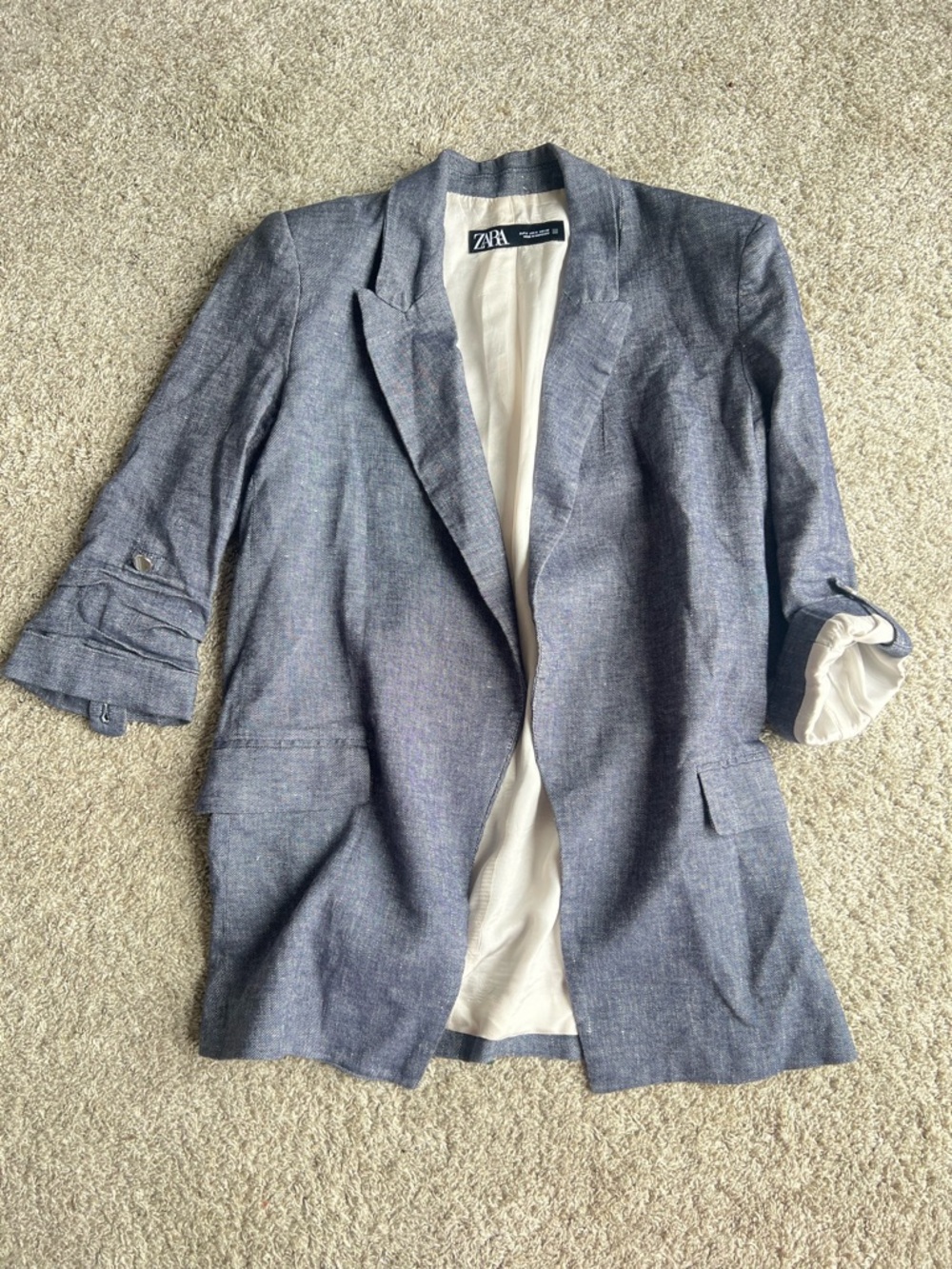 ZARA Women's Heathered Blue Relaxed Linen-Blend Blazer. Size S